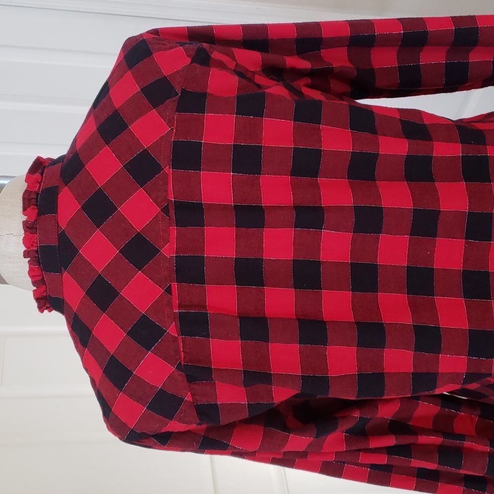 J. CREW FACTORY Buffalo Plaid Ruffle Collar Flannel Shirt Red Black Silver S - Picture 8 of 16